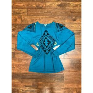 VTG Clothing Long Sleeve Shirt Southwestern Print on Blue Medium Silver Cloud